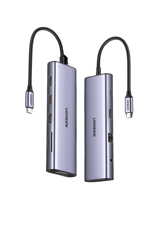 רכזת USB-C UGREEN CM498 – 10 ב-1 USB-C ל- 3×USB 3.0 A + HDMI + VGA + RJ45 Gigabit + SD/TF + AUX3.5mm + PD אפור