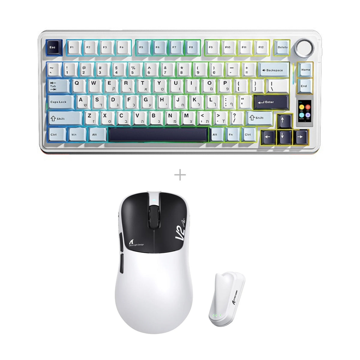 באנדל AULA S75 PRO + Attack Shark V2 Air – לבן - כחול (חריטה בעברית)