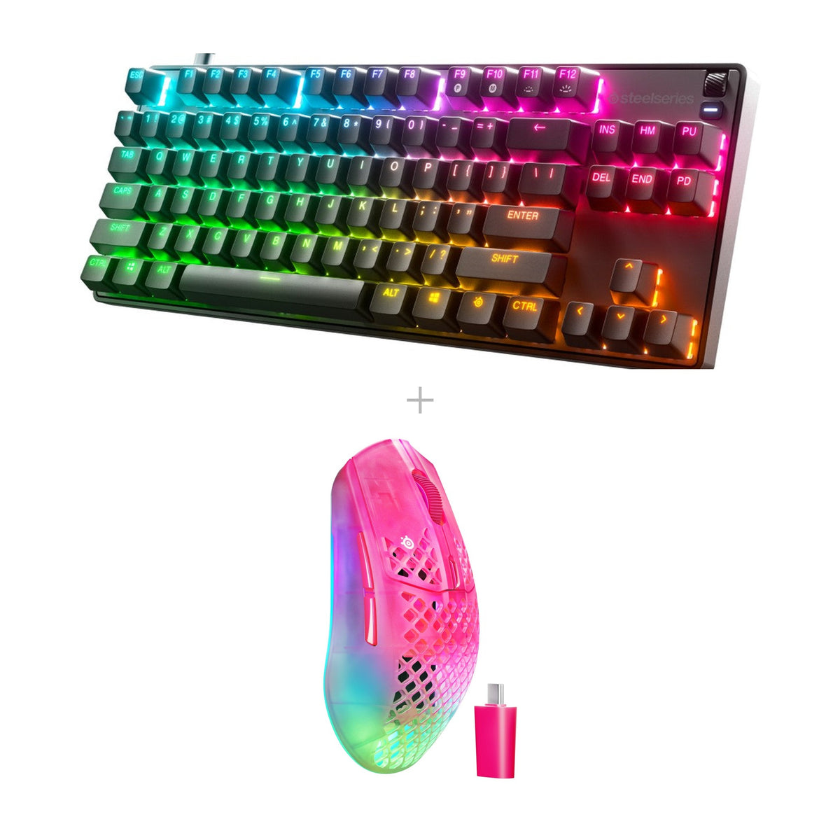 באנדל SteelSeries: מקלדת אופטית Apex 9 TKL + עכבר Aerox 3 Wireless – מג'נטה - ורוד