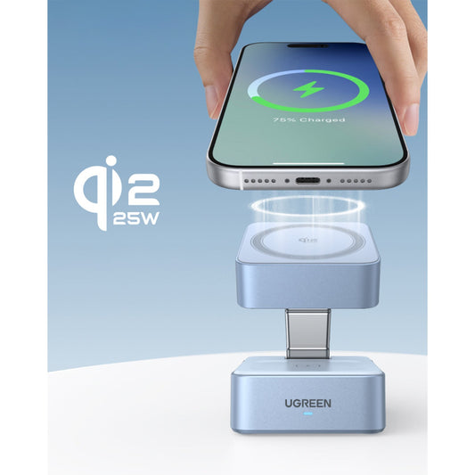 מעמד טעינה UGREEN 25W 2-in-1 qi2 Magnetic Wireless Charger כסוף – תמונה 2