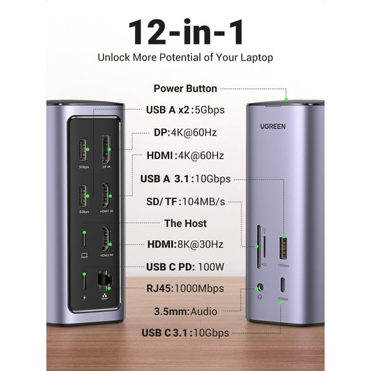 תחנת עגינה 13-ב-1 UGREEN USB-C CM555 90325 עם HDMI כפול ו-DP – תמונה 2