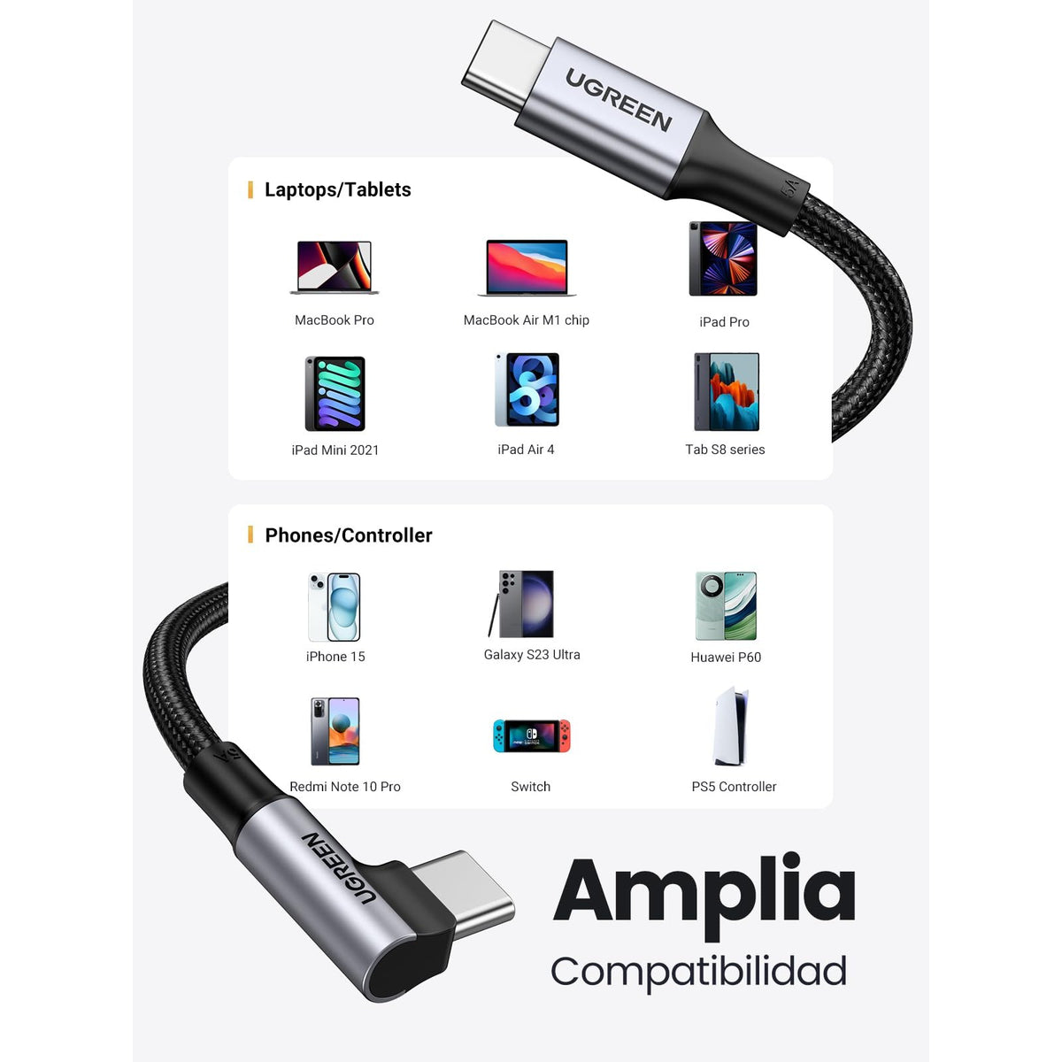 כבל UGREEN USB-C 2.0 to Angled USB-C M/M Cable Aluminium Shell with Braided 1m – תמונה 7