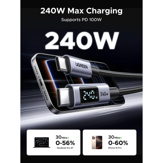 כבל טעינה UGREEN USB-C ל- USB-C 240W 480Mbps עם צג דיגיטלי – תמונה 2