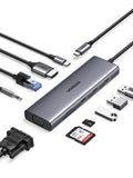 רכזת USB-C UGREEN CM498 – 10 ב-1 USB-C ל- 3×USB 3.0 A + HDMI + VGA + RJ45 Gigabit + SD/TF + AUX3.5mm + PD אפור