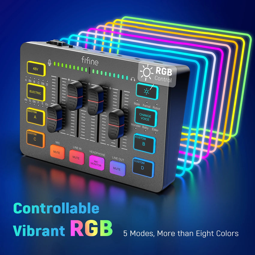מיקסר גיימינג FIFINE SC3 – מיקסר RGB עם 4 ערוצים, ממשק מיקרופון XLR לפודקאסטים ומשחקים - Mobeess