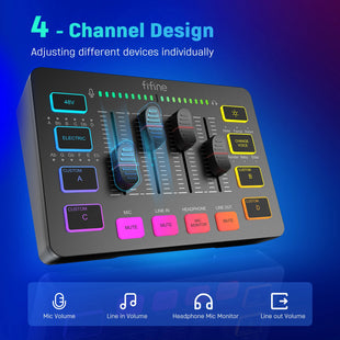 מיקסר גיימינג FIFINE SC3 – מיקסר RGB עם 4 ערוצים, ממשק מיקרופון XLR לפודקאסטים ומשחקים - Mobeess