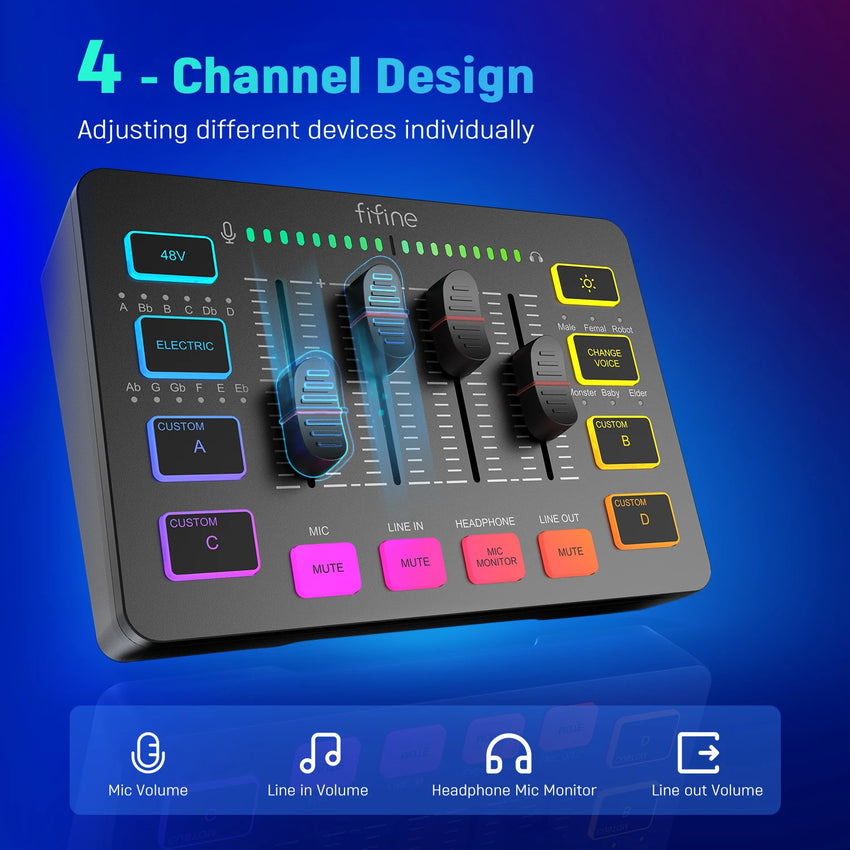 מיקסר גיימינג FIFINE SC3 – מיקסר RGB עם 4 ערוצים, ממשק מיקרופון XLR לפודקאסטים ומשחקים - Mobeess