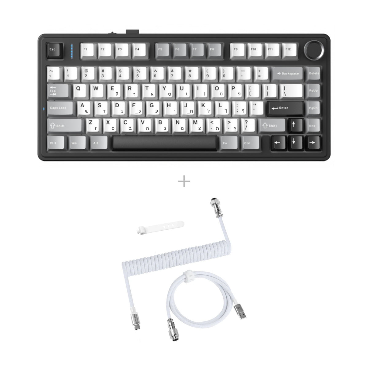 באנדל AULA F75HE + כבל C01PRO – אפור - לבן חריטה בעברית / Black Emperor magnetic / לבן אורך - 1.65 מטר