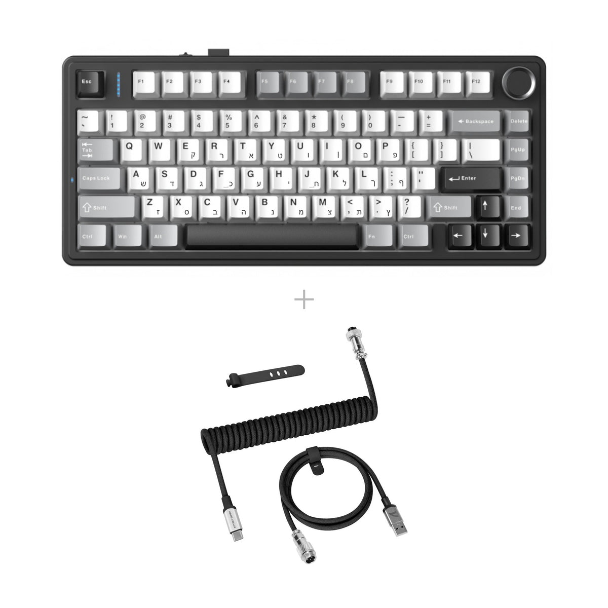באנדל AULA F75HE + כבל C01PRO – אפור - לבן חריטה בעברית / Black Emperor magnetic / שחור באורך  - 1.65 מטר