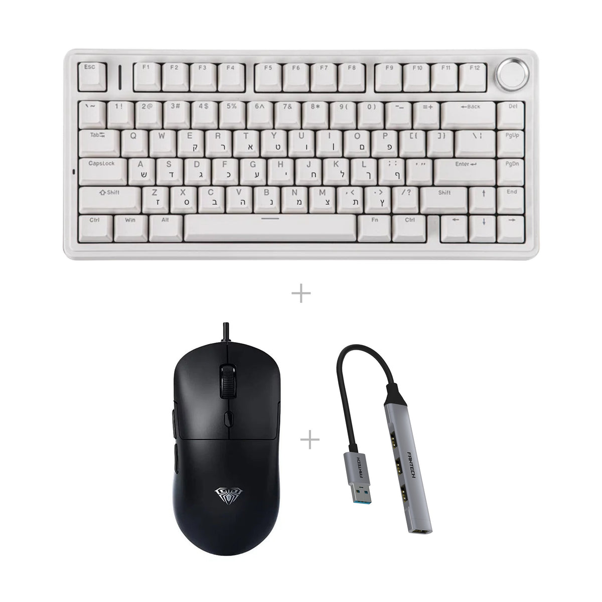 באנדל AULA F75 + AULA S35 + מפצל USB – לבן (כולל עברית) / שחור