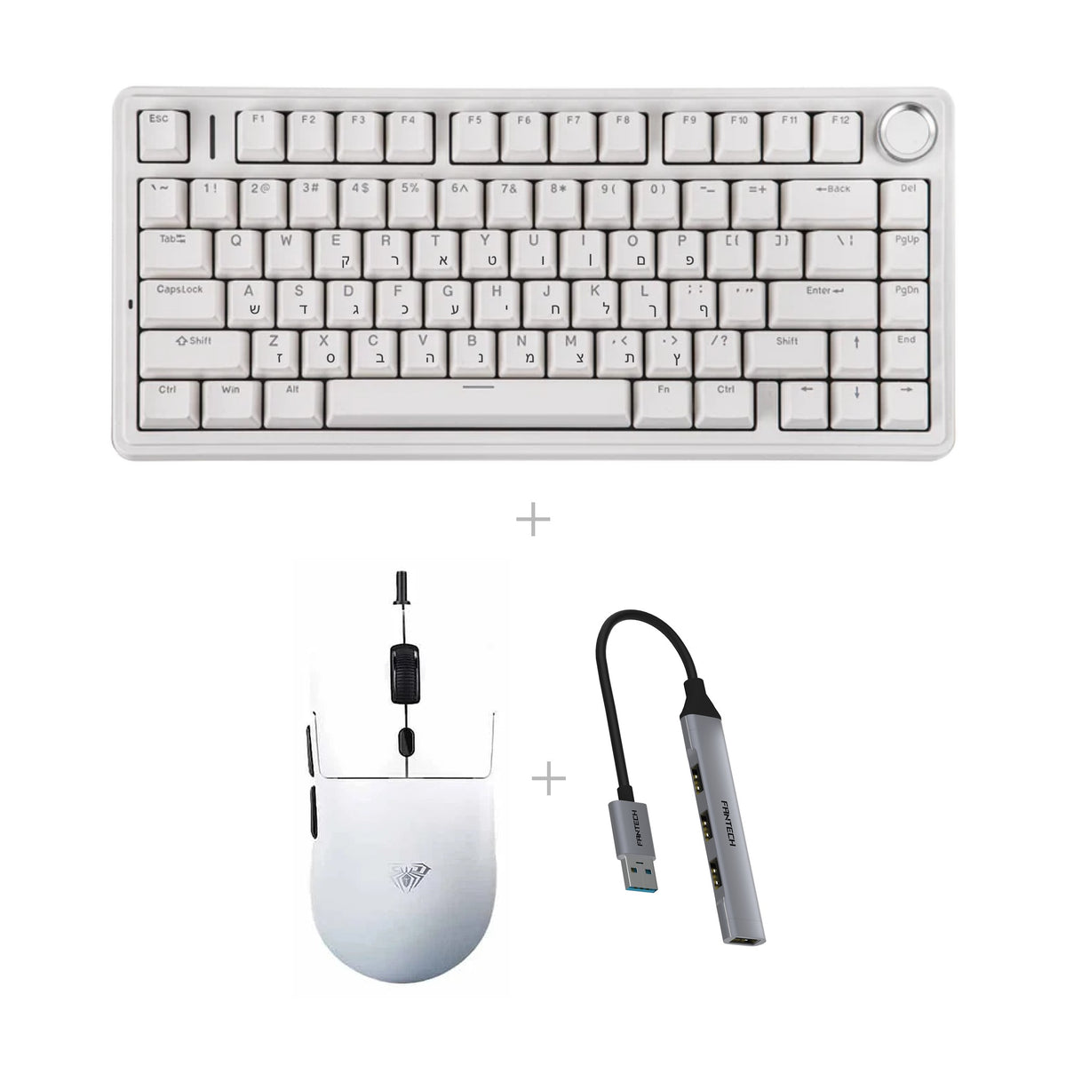 באנדל AULA F75 + AULA S35 + מפצל USB – לבן (כולל עברית) / לבן