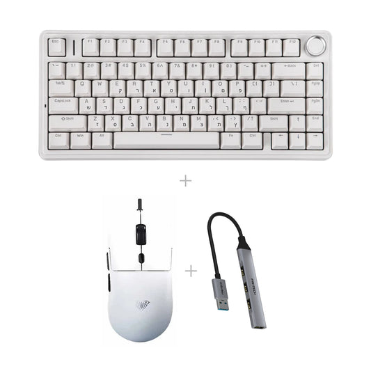 באנדל AULA F75 + AULA S35 + מפצל USB – לבן (כולל עברית) / לבן