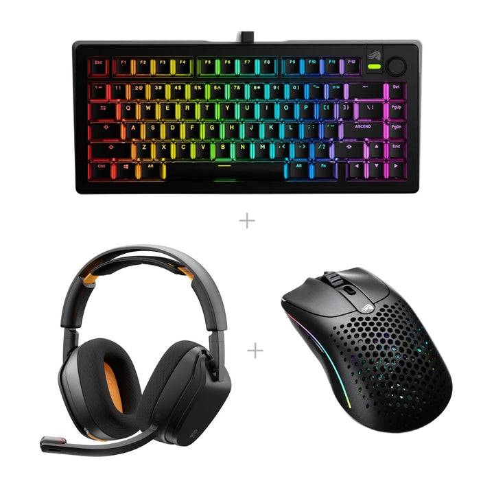 באנדל Glorious: אוזניות GHS Wireless + מקלדת GMMK 3 75% + Model O 2