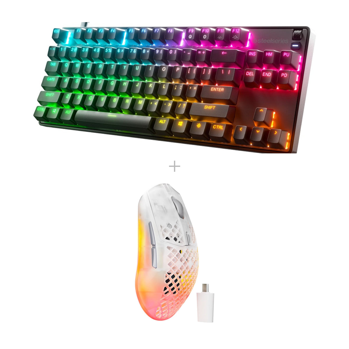 באנדל SteelSeries: מקלדת אופטית Apex 9 TKL + עכבר Aerox 3 Wireless – לבן