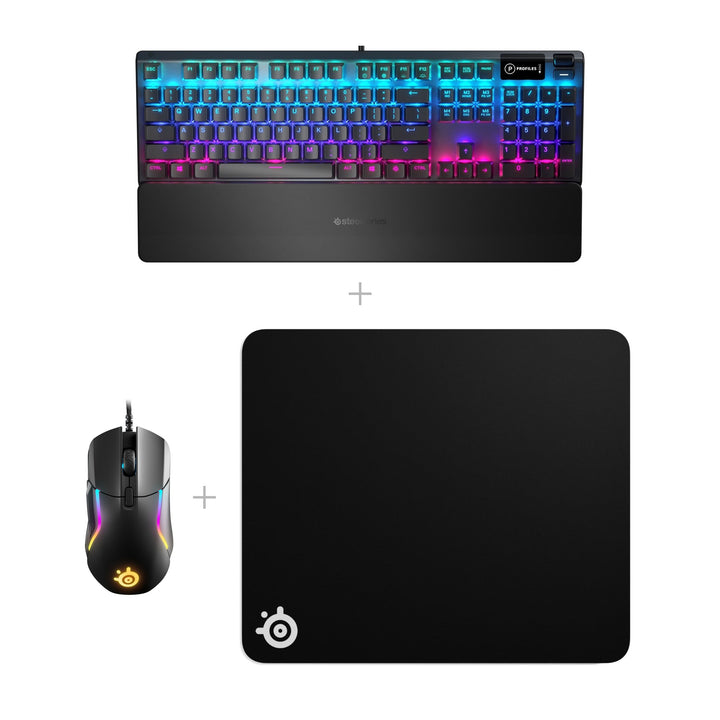 באנדל SteelSeries: מקלדת Apex 5 + עכבר Rival 5 + פד QcK Heavy L