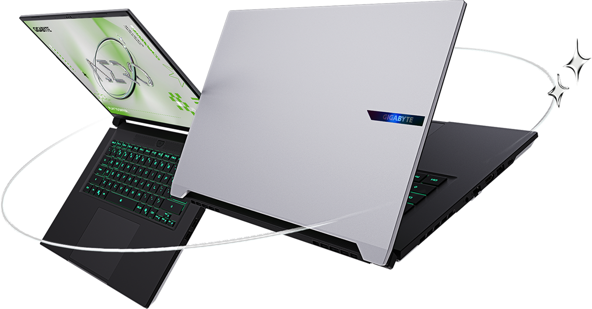 מחשב נייד GIGABYTE AERO X16 1VH93EEC94DH, הדמיית חזית וגב בצבע לבן חיצוני ושחור פנימי