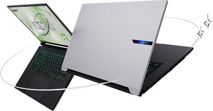 מחשב נייד GIGABYTE AERO X16 1VH93EEC94DH, הדמיית חזית וגב בצבע לבן חיצוני ושחור פנימי
