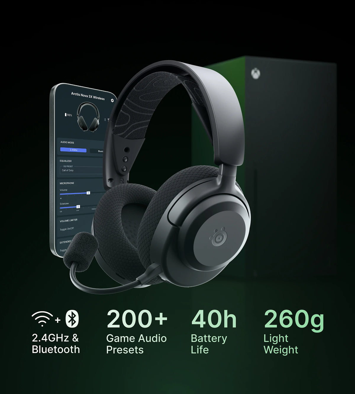 אוזניות SteelSeries Arctis Nova 3X Wireless שחורות לצד קונסולת Xbox ואפליקציית השליטה בטלפון
