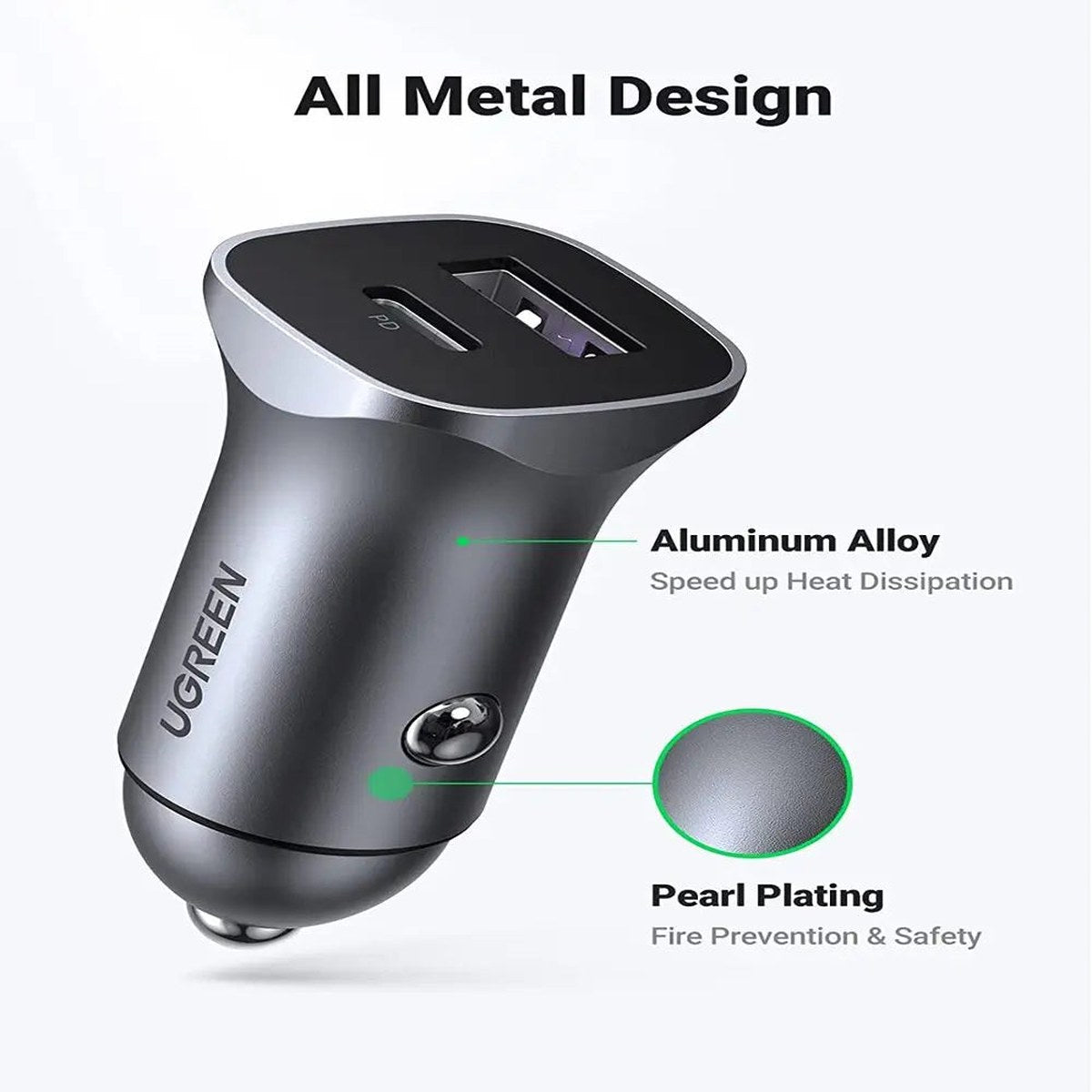 מטען לרכב UGREEN USB-C PD + USB-A QC 30W אפור – תמונה 2
