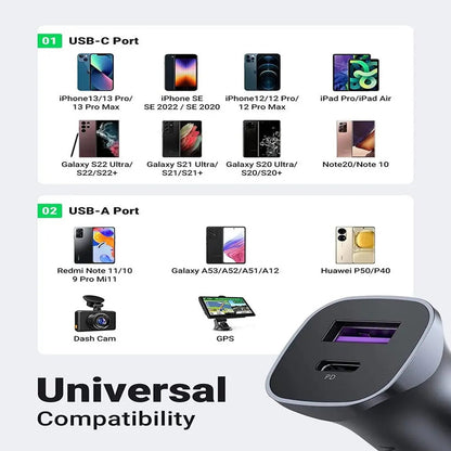 מטען לרכב UGREEN USB-C PD + USB-A QC 30W אפור – תמונה 5
