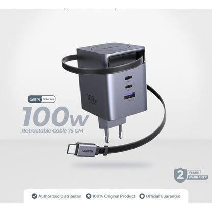 מטען UGREEN Nexode Pro 100W 3C1A GaN עם כבל מתכווץ מובנה אפור – תמונה 1