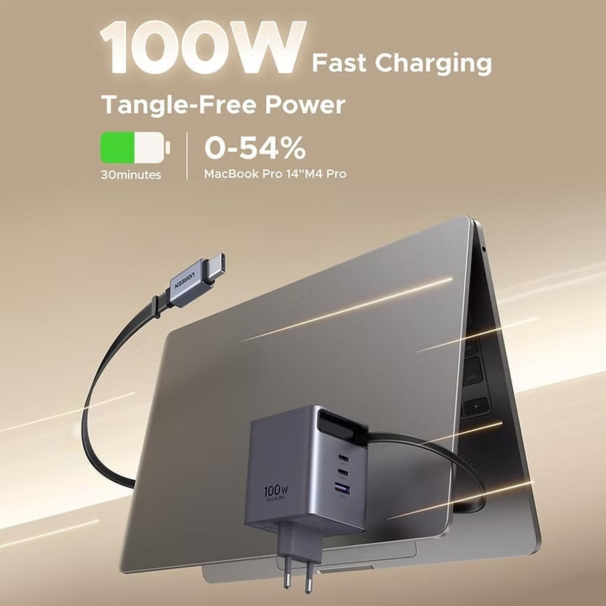 מטען UGREEN Nexode Pro 100W 3C1A GaN עם כבל מתכווץ מובנה אפור – תמונה 5