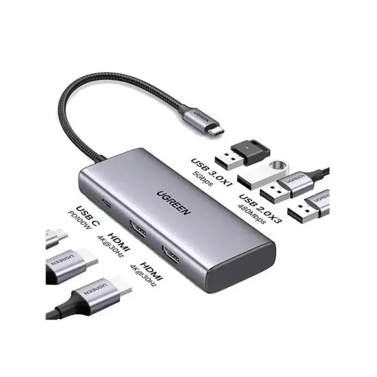 תחנת עגינה UGREEN 7-in-1 USB-C Hub 100W PD 2x HDMI תמיכה ב-4K 30Hz – תמונה 1