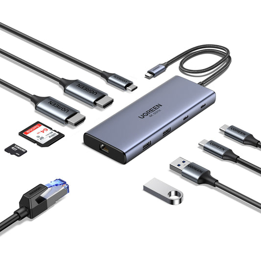 מולטיפורט UGREEN USB-C 10 ב-1 עם HDMI כפול, רשת וקורא כרטיסים – תמונה 2