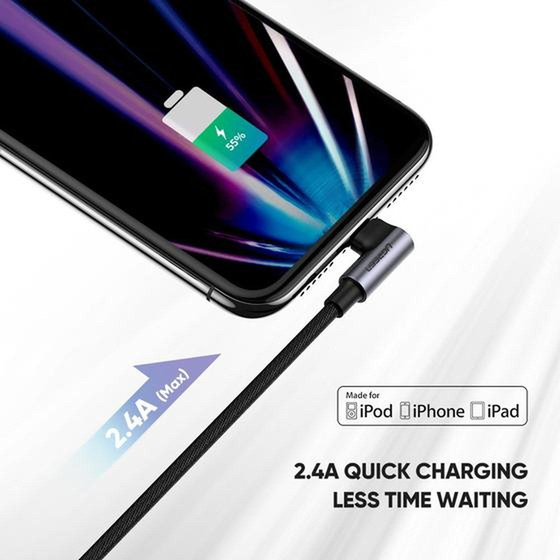 כבל UGREEN USB-A ל-Lightning קלוע באורך 1 מטר שחור – תמונה 4