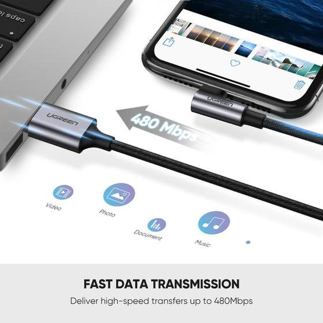 כבל UGREEN USB-A ל-Lightning קלוע באורך 1 מטר שחור – תמונה 5