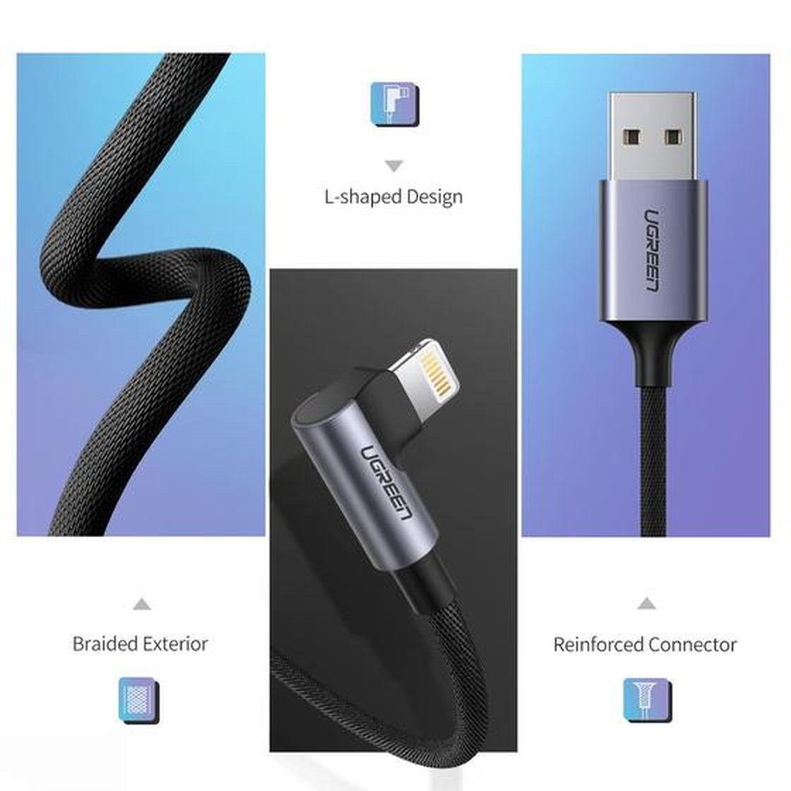 כבל UGREEN USB-A ל-Lightning קלוע באורך 1 מטר שחור – תמונה 6