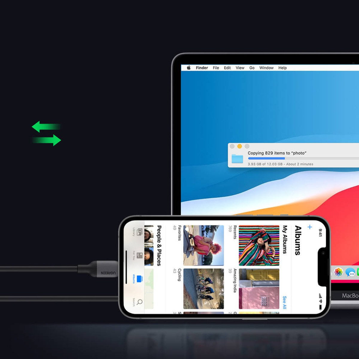 כבל UGREEN USB-C ל-Lightning סיליקון באורך 1 מטר שחור – שחור – תמונה 7