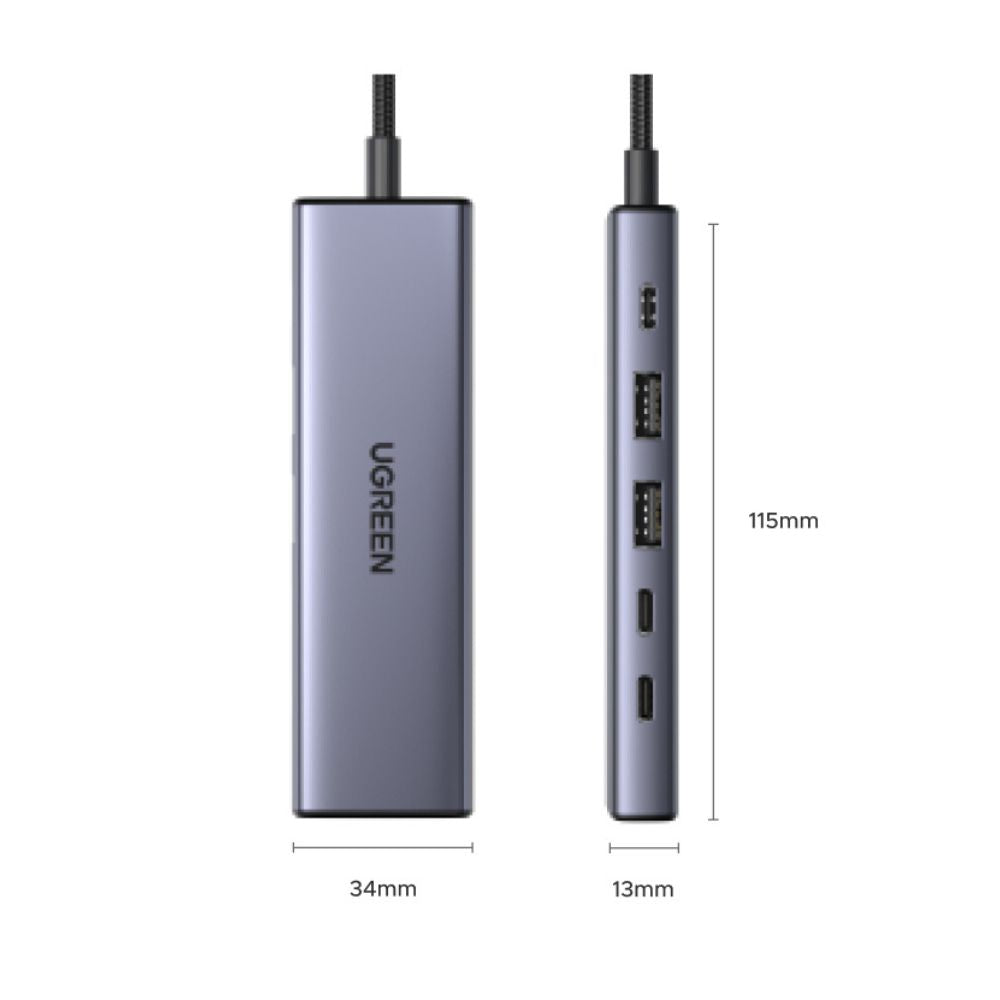 רכזת USB-C UGREEN CM511 – 6 ב-1 USB-C רכזת/DisplayPort 2C2A/PD 100W אפור