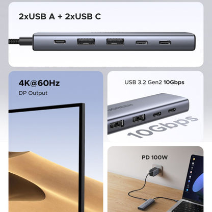 רכזת USB-C UGREEN CM511 – 6 ב-1 USB-C רכזת/DisplayPort 2C2A/PD 100W אפור