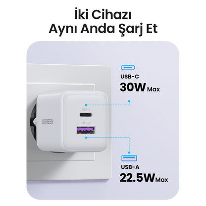מטען קיר UGREEN 30W 2-Port GaN Fast Charger לבן – תמונה 6
