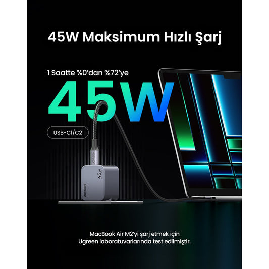 מטען קיר UGREEN NEXODE PRO 45W 2C שחור – תמונה 2