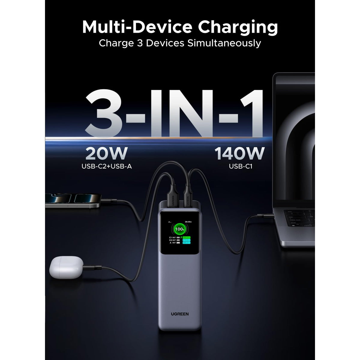 סוללת גיבוי UGREEN Power Bank Nexode 25000mAh PD 200W שחור – תמונה 6