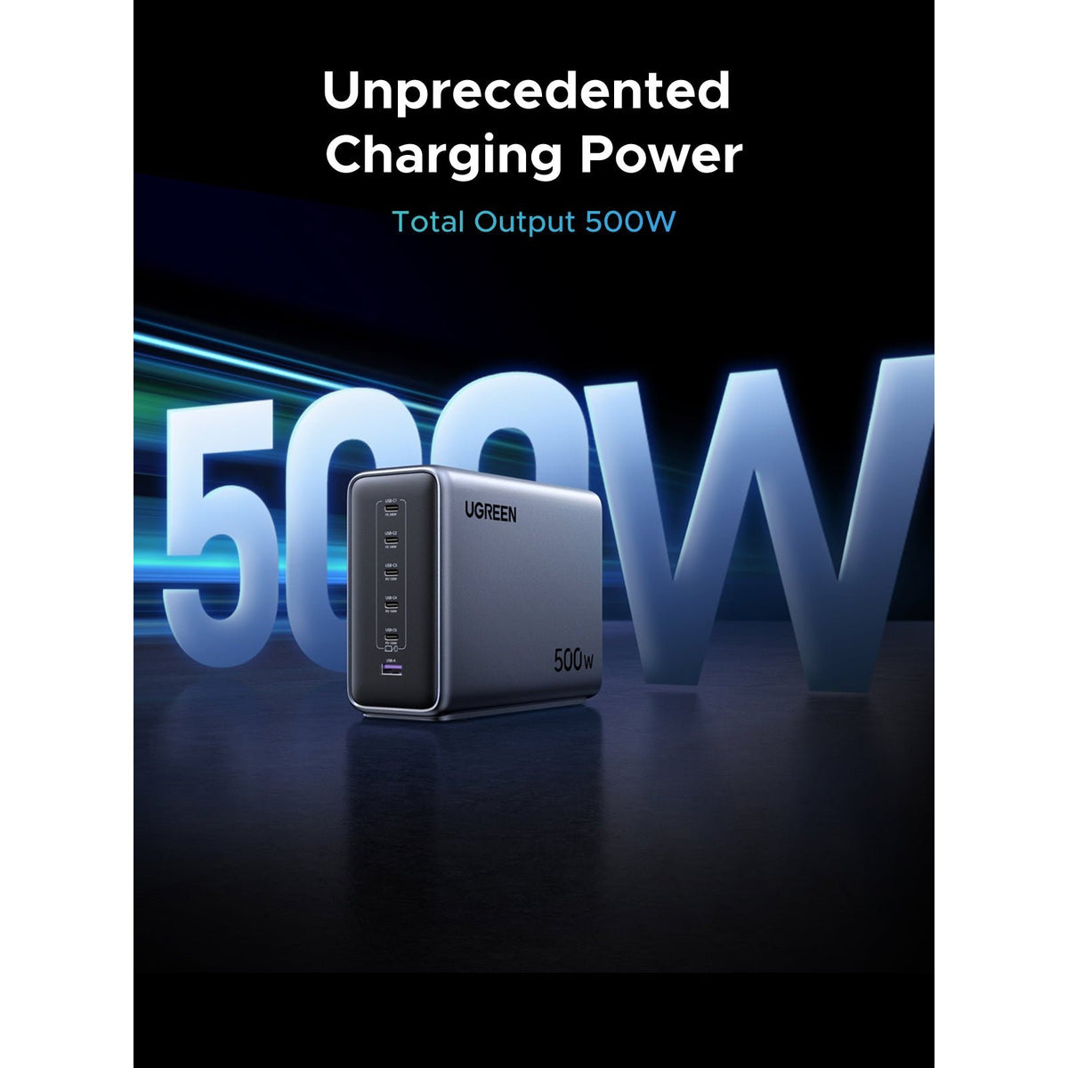מטען שולחני UGREEN 500W עם 5×USB-C ו-USB-A אפור – תמונה 5