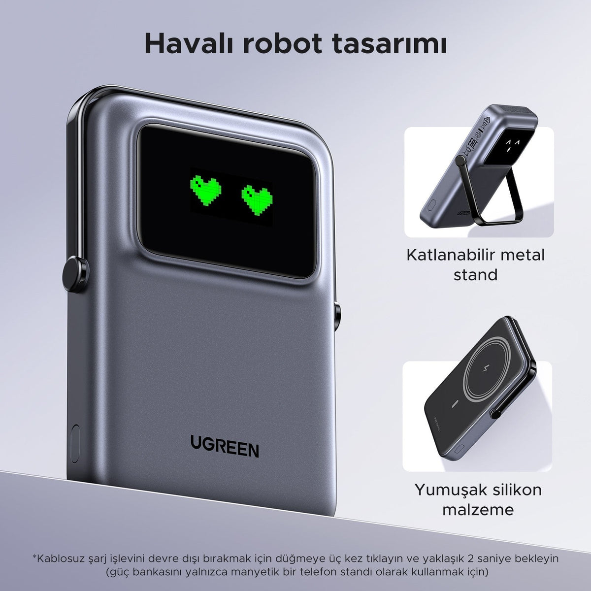 סוללת גיבוי UGREEN UNO 10000mAh Mini Magnetic Wireless Robot 20W אפור – תמונה 5