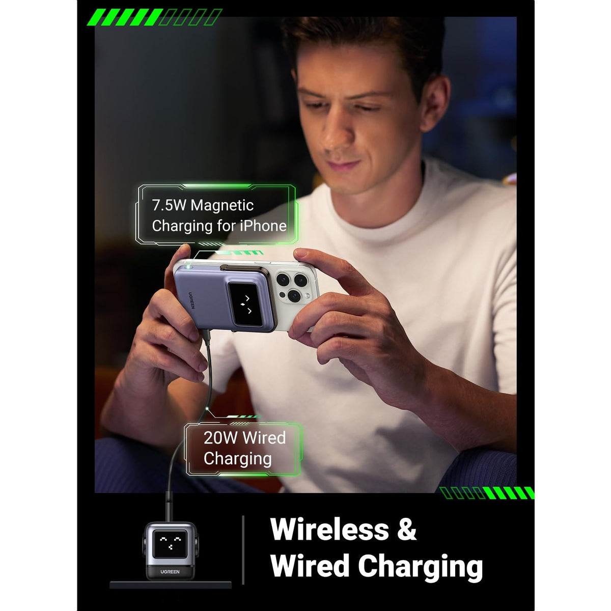 סוללת גיבוי UGREEN UNO 5000mAh Robot 20W Magnetic Wireless אפור – תמונה 3