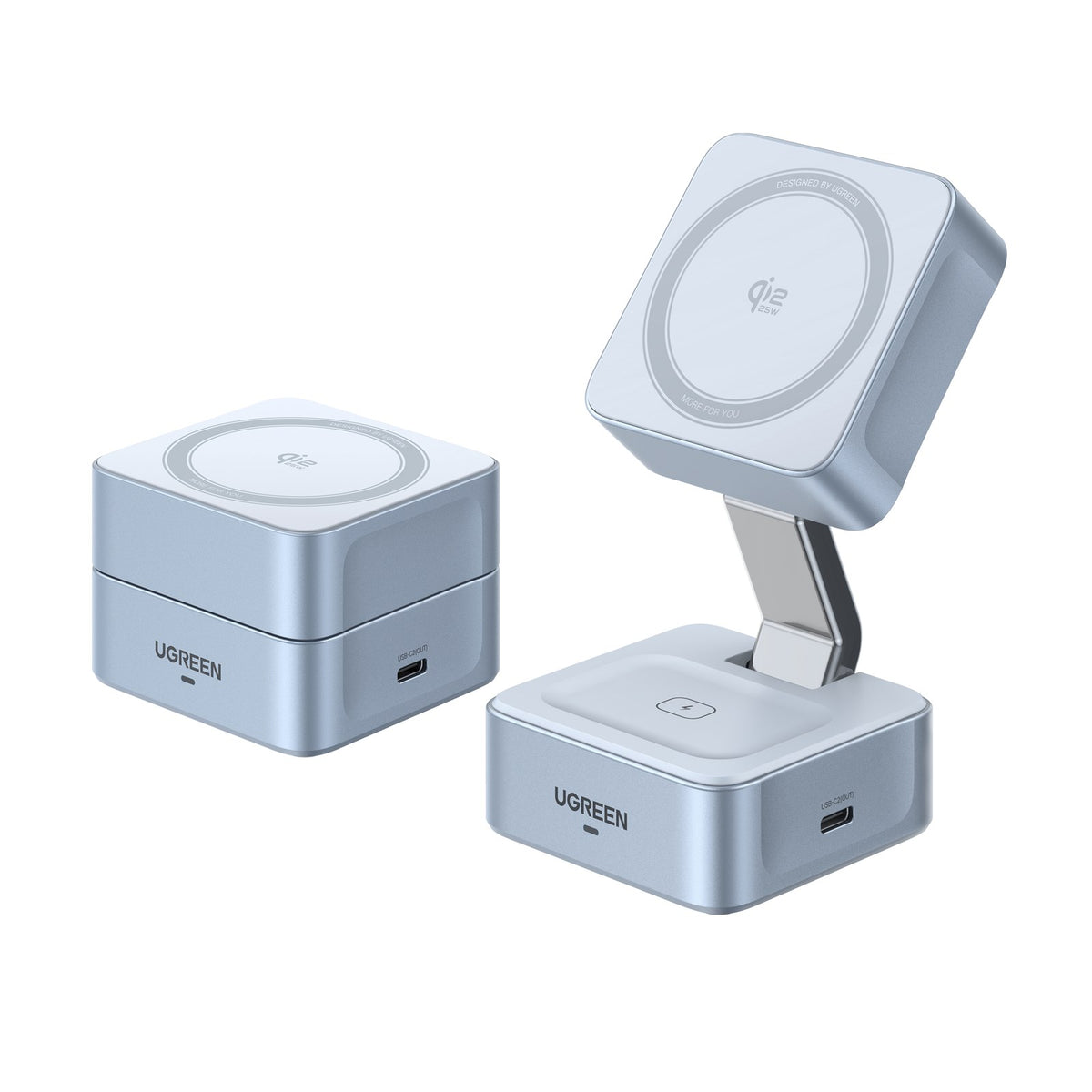 מעמד טעינה UGREEN 25W 2-in-1 qi2 Magnetic Wireless Charger כסוף – תמונה 1