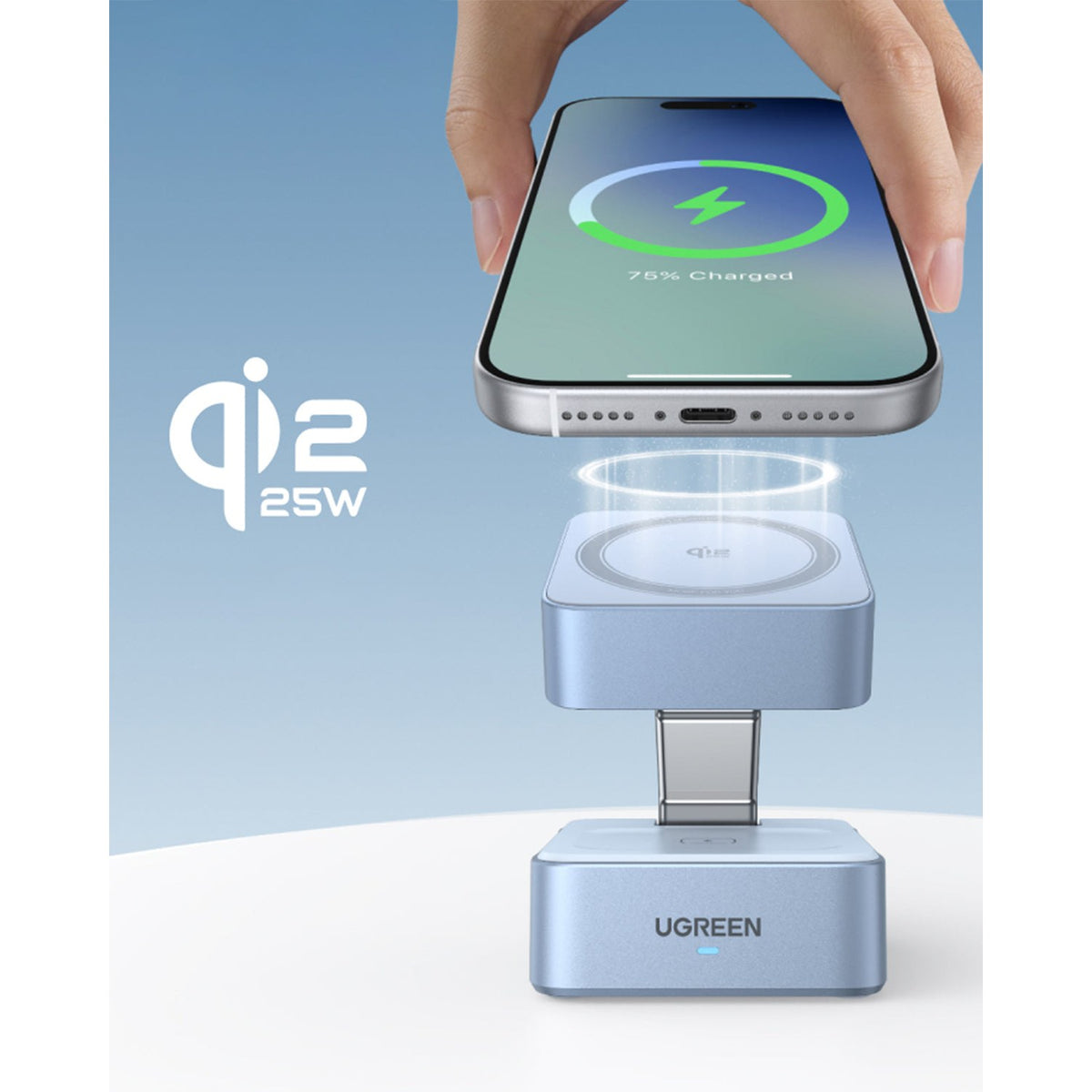 מעמד טעינה UGREEN 25W 2-in-1 qi2 Magnetic Wireless Charger כסוף – תמונה 2