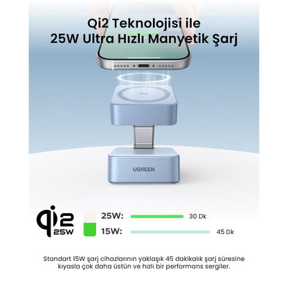 מעמד טעינה UGREEN 25W 2-in-1 qi2 Magnetic Wireless Charger כסוף – תמונה 3