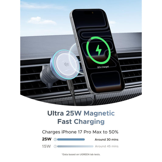 מטען אלחוטי לרכב UGREEN MagFlow Qi2 25W – תואם MagSafe – תמונה 2