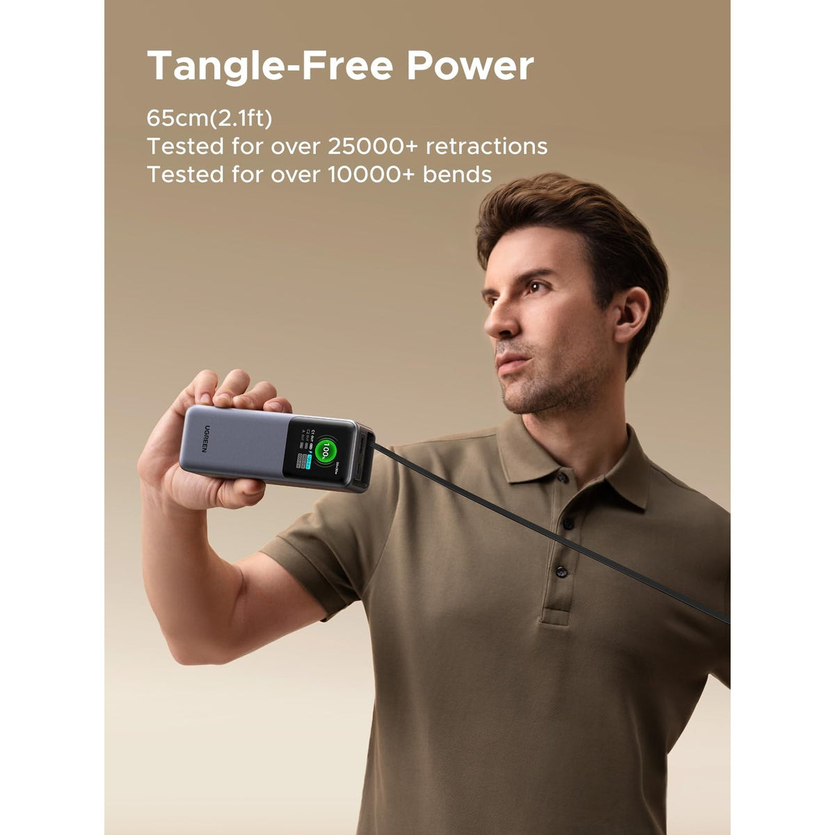 סוללת גיבוי UGREEN Nexode 20000mAh 165W עם כבל USB-C נשלף מובנה ומסך TFT דיגיטלי – תמונה 3