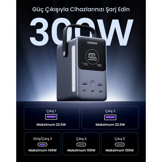 סוללת גיבוי UGREEN Power Bank 48000mAh PD 300W כולל תצוגה ותאורה שחור – תמונה 2