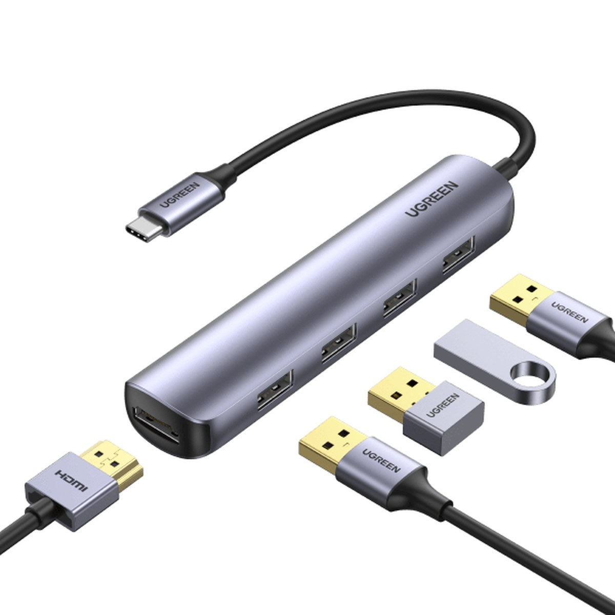 מתאם UGREEN USB-C עם HDMI ו-4 כניסות USB 3.0 מהירות – תמונה 1