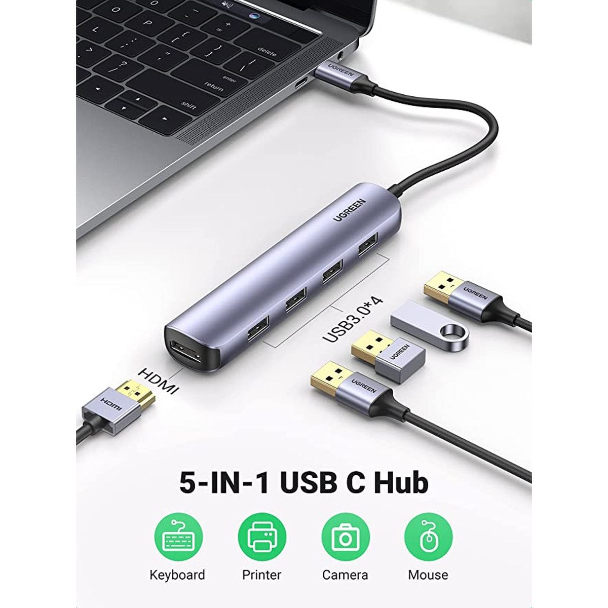 מתאם UGREEN USB-C עם HDMI ו-4 כניסות USB 3.0 מהירות – תמונה 4