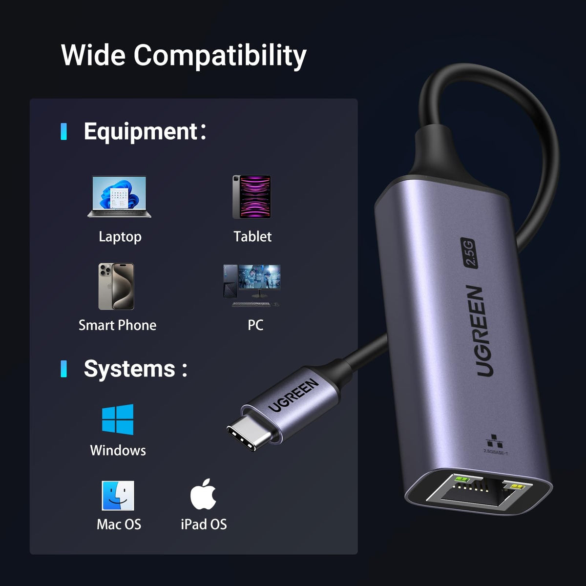 מתאם רשת UGREEN USB-C ל-RJ45 2.5G אפור – תמונה 6