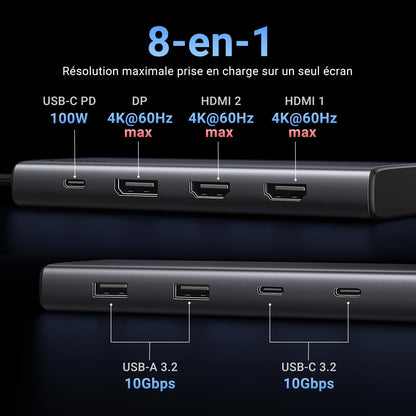 תחנת עגינה UGREEN USB-C 8 ב-1 עם 2×HDMI 4K@60Hz ו-DP – תמונה 2
